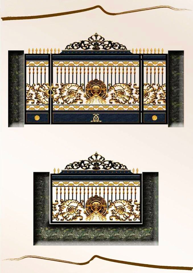Pagar tempa klasik dengan ornamen emas dan hitam bergaya Eropa, mencerminkan kemewahan dan detail artistik. Desain khas pagar Anderson untuk hunian bergaya klasik.